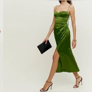 Reformation Marguerite Green Satin Dress